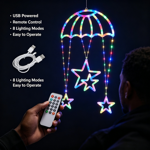 Star Parachute LED Neon Hanging Light, USB Remote Control Colorful Decor Lamp for Home Party Festival