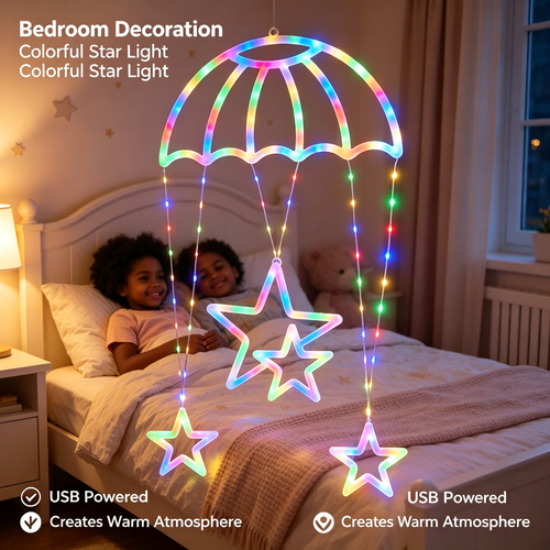 Star Parachute LED Neon Hanging Light, USB Remote Control Colorful Decor Lamp for Home Party Festival