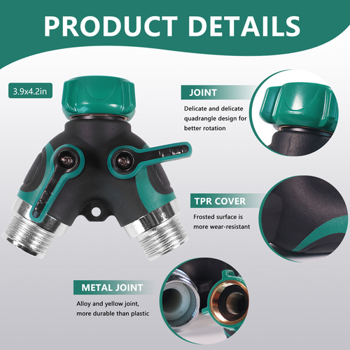 2-Way Heavy Duty ECO FRIENDLY Garden Hose Splitter Connector with 2 Valves Zinc Alloy Body and Rubberized Grip