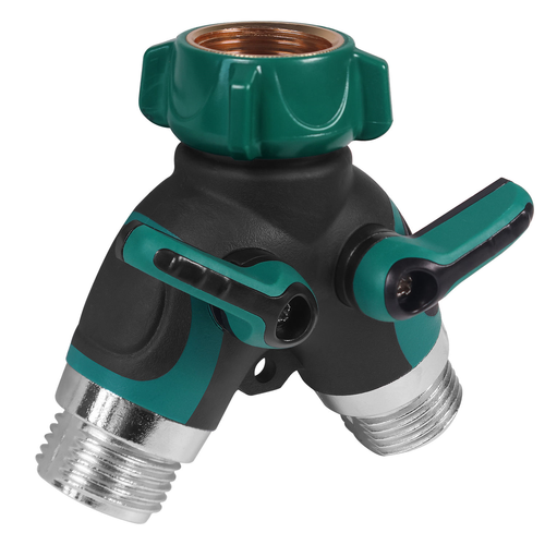 2-Way Heavy Duty ECO FRIENDLY Garden Hose Splitter Connector with 2 Valves Zinc Alloy Body and Rubberized Grip