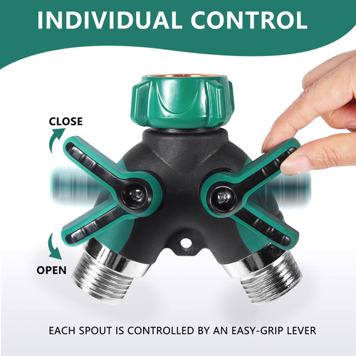 2-Way Heavy Duty ECO FRIENDLY Garden Hose Splitter Connector with 2 Valves Zinc Alloy Body and Rubberized Grip