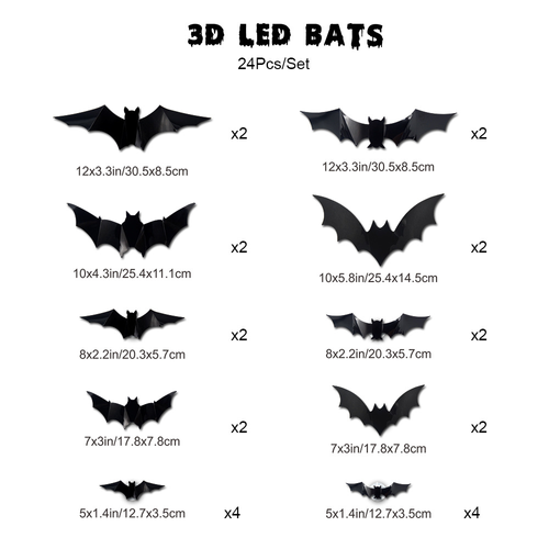 12pcs Halloween 3D Night Light Bat PVC Realistic Stereoscopic Sticker Bat Festival Party Decoration LED Night Light Wall Decor