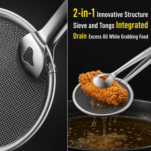 Stainless Steel Frying Oil Strainer Tongs Anti-Scald Food Drain Clip Kitchen Deep Fry Skimmer Spoon for Fried Residue Filter Four Per Set