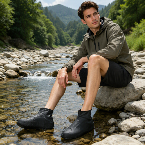 Black Latex Rain Boot Overshoes for Outdoor Use Latex Waterproof Shoe Covers Rainy Day Non-slip Reusable Foot Cover Four  Pairs  Per Set