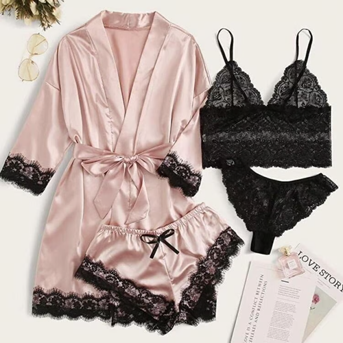 🔥4-piece lace satin suspender pajama set🌹
