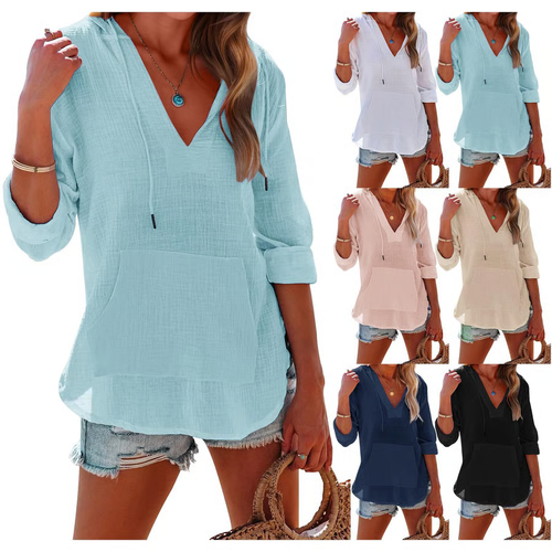 🔥Women's Oversized Hooded Beach Cover Up - Long Sleeve V-Neck Pocket Shirt     size： Bust 126, Length 78