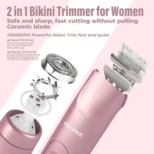 Women's 2-in-1 Electric Shaver Bikini Trimmer IPX7 Waterproof Wet Dry Facial Hair Remover Pink for Body Underarm Hair