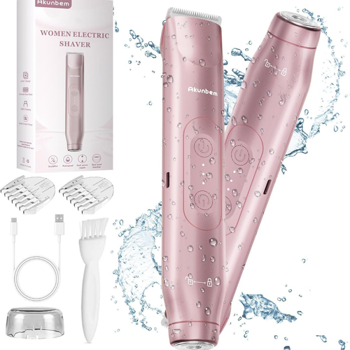 Women's 2-in-1 Electric Shaver Bikini Trimmer IPX7 Waterproof Wet Dry Facial Hair Remover Pink for Body Underarm Hair