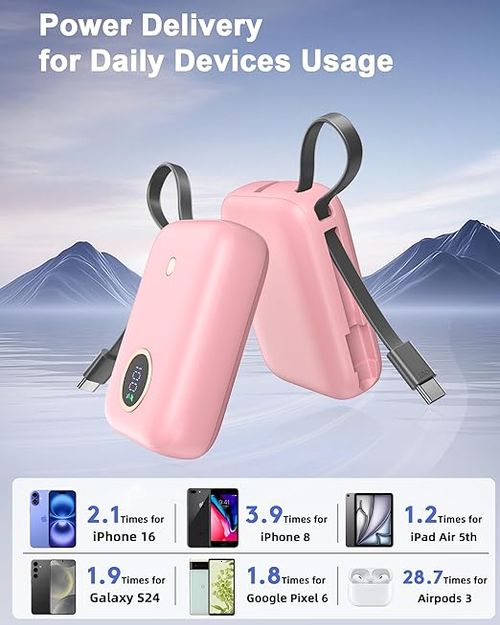 شاحن محمول مع كابل USB-C مدمج،