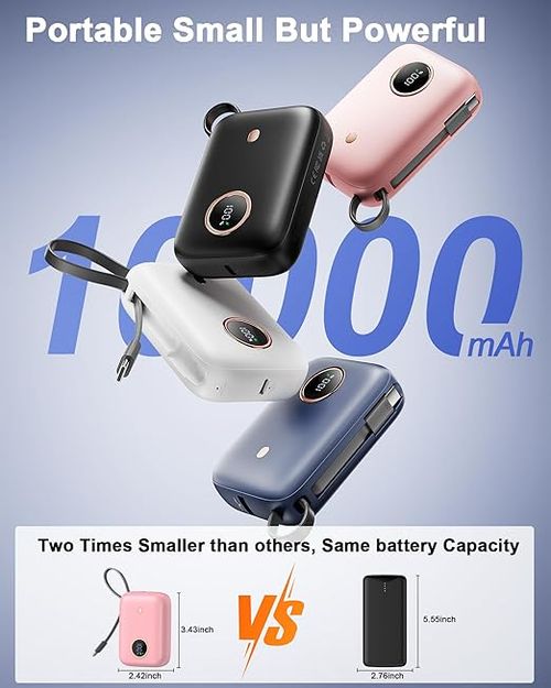 شاحن محمول مع كابل USB-C مدمج،