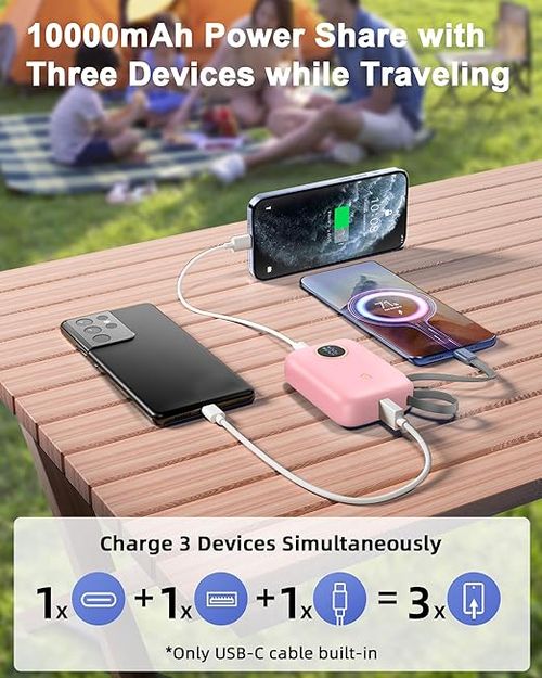 شاحن محمول مع كابل USB-C مدمج،