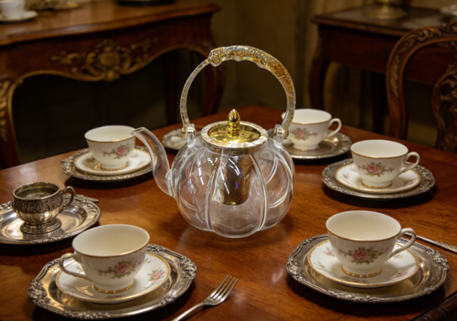 Théière en verre doré avec anse   إبريق شاي زجاجي مطلي بالذهب مع مقبض