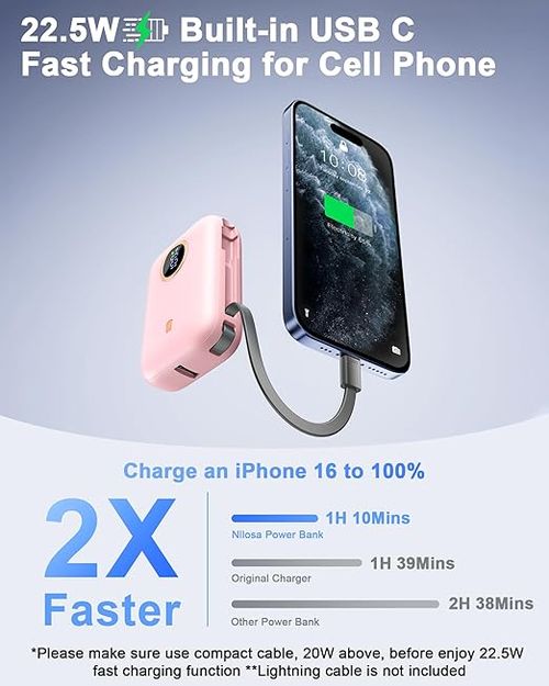 شاحن محمول مع كابل USB-C مدمج،