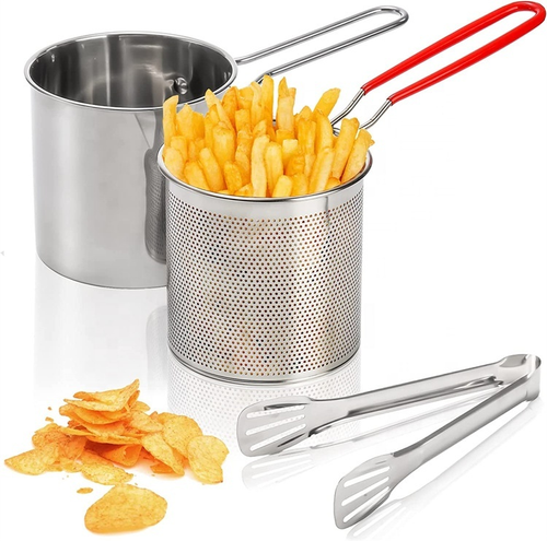 Frying Pot With Strainer Basket Tong Stainless Steel Japanese Tempura Frying Pot for French Fries Chicken