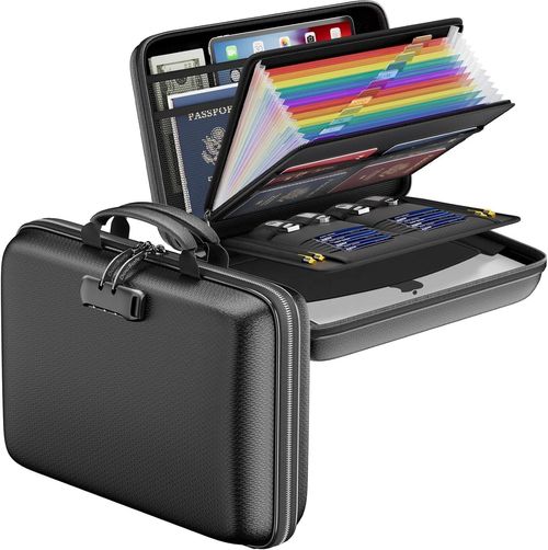 Fire-resistant file storage box with lock, hard-shell fire-resistant file box with 13 pockets.