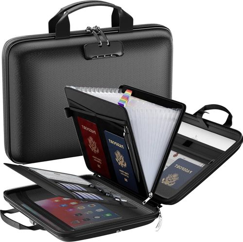 Fire-resistant file storage box with lock, hard-shell fire-resistant file box with 13 pockets.