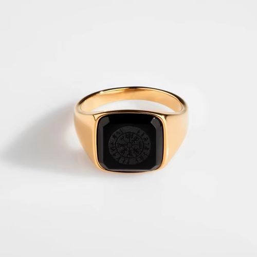 Anel Masculino Personalizado com Escultura de Logotipo - Estilo Moda, Platinado em Ouro 18K sobre Aço Inoxidável
