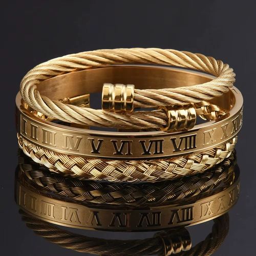 Conjunto de Pulseiras de Ouro Platado Luxo + Pulseira de Moda + Anel de Abertura Trançado em Ouro + Pulseiras de Ouro Platado