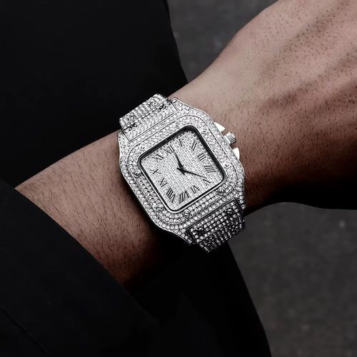 Kit de 3 Peças Relógio de Cristal para Homens, Colar e Pulseira Conjunto de Jóias Shiny, com Dourado, Prata e Diamantes Simulados, Com Cadeia Cubana Icê e Relógio