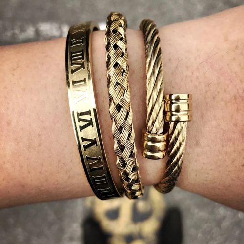 Conjunto de Pulseiras de Ouro Platado Luxo + Pulseira de Moda + Anel de Abertura Trançado em Ouro + Pulseiras de Ouro Platado