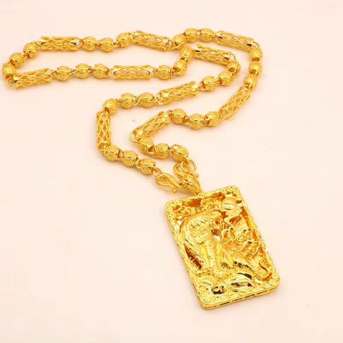 Pendente de Chefe Arrojado em Ouro Platado 24k, Com Colar de Cadeia de Cobre Sólido Estilo Hip HopPunk para Homens, Acessório de Presente