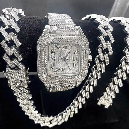 Kit de 3 Peças Relógio de Cristal para Homens, Colar e Pulseira Conjunto de Jóias Shiny, com Dourado, Prata e Diamantes Simulados, Com Cadeia Cubana Icê e Relógio