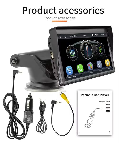BQCC 7'' Universal Car Radio Wireless Carplay Android Auto Mirrorlink Portable BT USB AUX with Sun Visor Multimedia Car Player