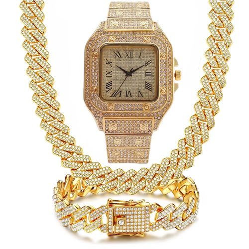 Kit de 3 Peças Relógio de Cristal para Homens, Colar e Pulseira Conjunto de Jóias Shiny, com Dourado, Prata e Diamantes Simulados, Com Cadeia Cubana Icê e Relógio