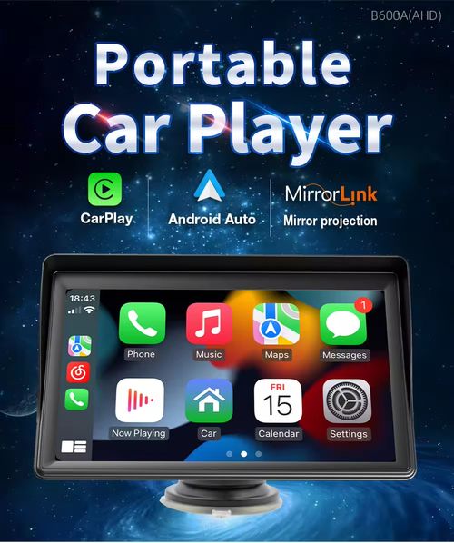 BQCC 7'' Universal Car Radio Wireless Carplay Android Auto Mirrorlink Portable BT USB AUX with Sun Visor Multimedia Car Player