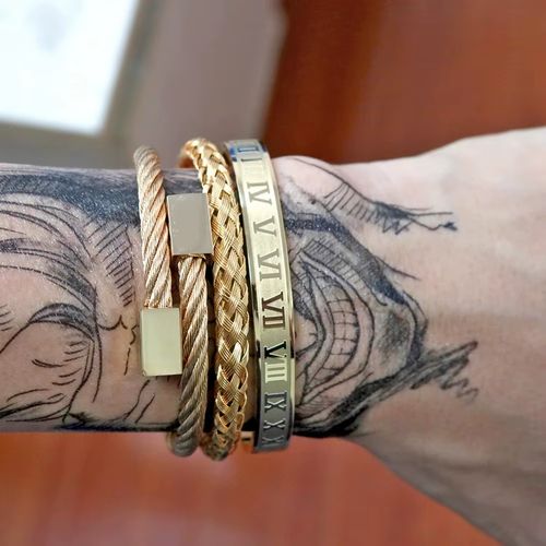 Conjunto de Pulseiras de Ouro Platado Luxo + Pulseira de Moda + Anel de Abertura Trançado em Ouro + Pulseiras de Ouro Platado