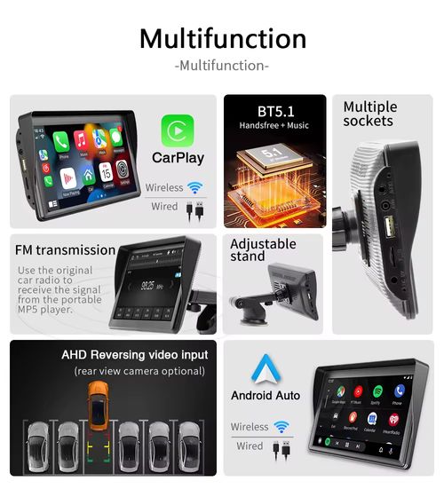 BQCC 7'' Universal Car Radio Wireless Carplay Android Auto Mirrorlink Portable BT USB AUX with Sun Visor Multimedia Car Player