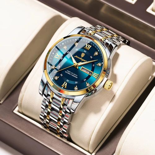 POEDAGAR 936 Fashion Casual Men Watch Leather Waterproof Luminous Quartz Watches Stainless Steel Strap Calendar Watch for Men