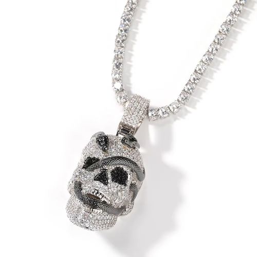 Pendente de Calavera de Prata em Estilo Hip Hop, Com Colar de Cobra Preta e Zircônia - Calavera Pearlescente, Pendente Unissex para Rapper