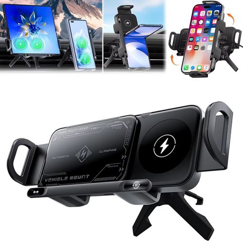 Foldable Screen Rotating Magnetic Aluminum Alloy Car Mount Dual Coil Wireless Charger 360 Rotation Auto-adjustable Charge