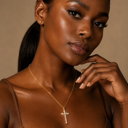 Luxury 18K Gold Plated Crown Cross Necklace, Waterproof Zircon Pendant, Perfect Holiday Gift Choice