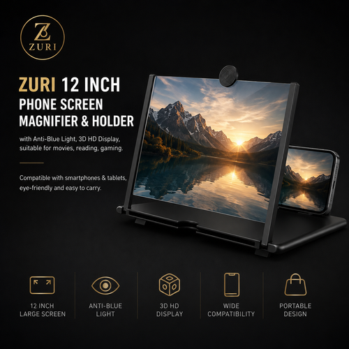 ZURI 12‑inch Anti‑Blue‑Light Phone Screen Magnifier, 3D HD, portable stand for movies, gaming and reading, fits all smartphones