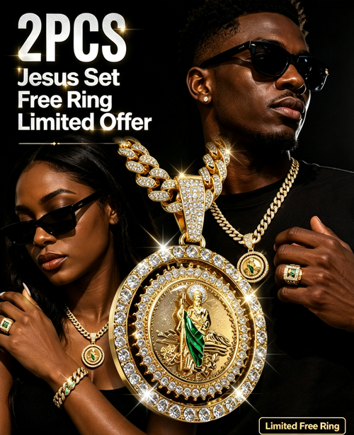 Luxury Iced Out Rotatable Jesus Religious Jewelry 2PCS Kit, Cuban Necklace & Bracelet, Limited Free Ring For Men & Women