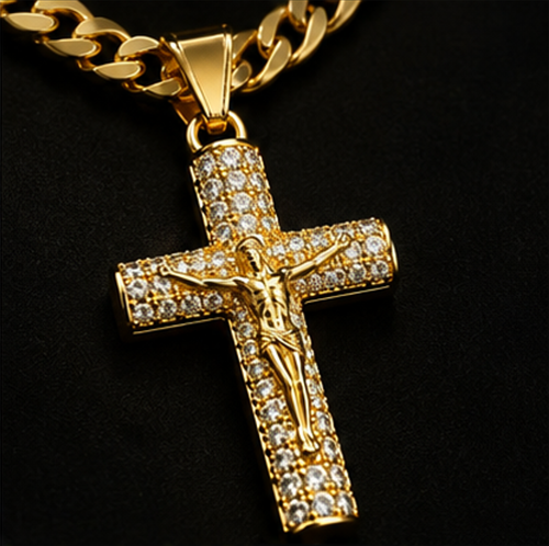 ZURI Premium 14K Gold Plated Iced Out Jesus Cross Cuban Link Chain Necklace,Unisex for Men & Women - Anti-Tarnish & Sweatproof