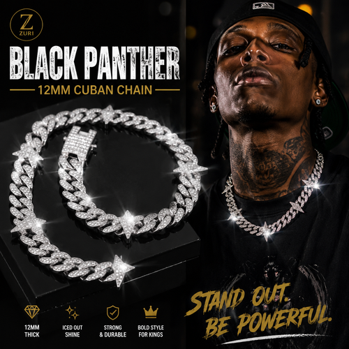 ZURI Best-Selling 12mm Chain Spliced Black Panther Gold Plated Zinc Alloy Rhinestone Cuban Necklace High-End Hip-Hop Style Jewelry
