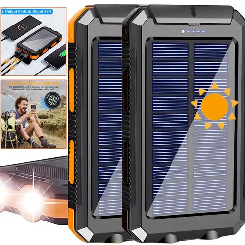 20000Mah USB Portable Charger Solar Power Bank, Dual 5V USB Port Output for All Mobile Devices Built-In Flashlight with Compass for Outdoor Camping Emergency Use, Power Bank Portable Portable Power Bank Solar Power Bank Battery Power Bank