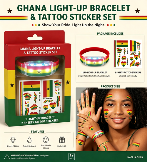 Show your Ghanaian pride and light up the night with this vibrant set featuring a LED light-up bracelet and skin-friendly tattoo stickers. Perfect for sports events, festivals, or any celebration of Ghana's national spirit.