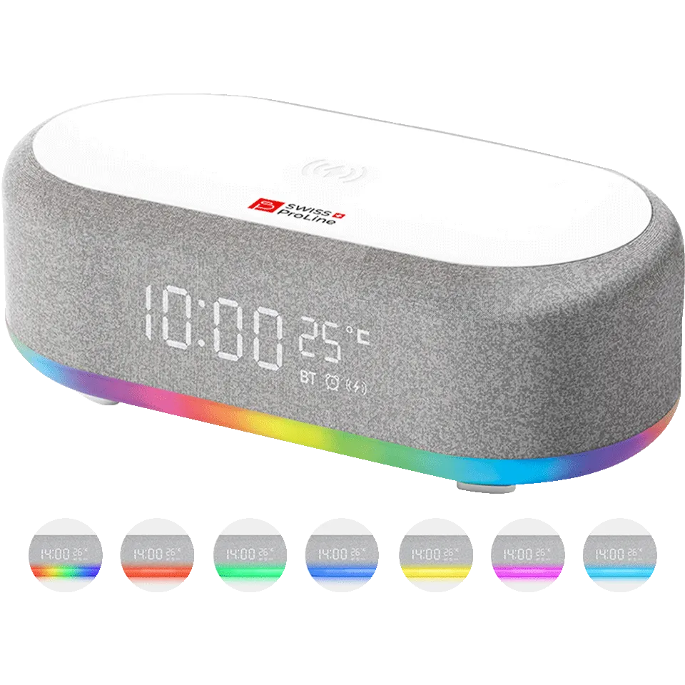 Réveil 6en1 (horloge, réveil, chargeur, LED, enceinte, thermomètre)