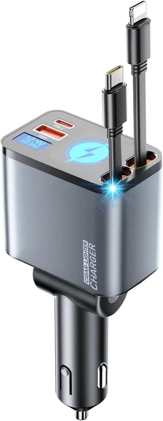 Chargeur Voiture Rétractable Ultra-Rapide 66W 4-en-1 avec Câbles Intégrés