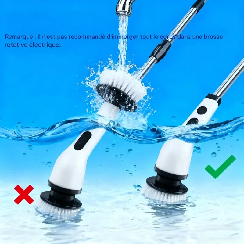 Brosse de nettoyage électrique rotative sans fil, étanche IPX7, utilisable sur de nombreuses surfaces, longue autonomie, 5 vitesses réglables, poignée extensible, 9 têtes de brosse interchangeables, kit de nettoyage multi-usages pour salle de bain et cuisine.