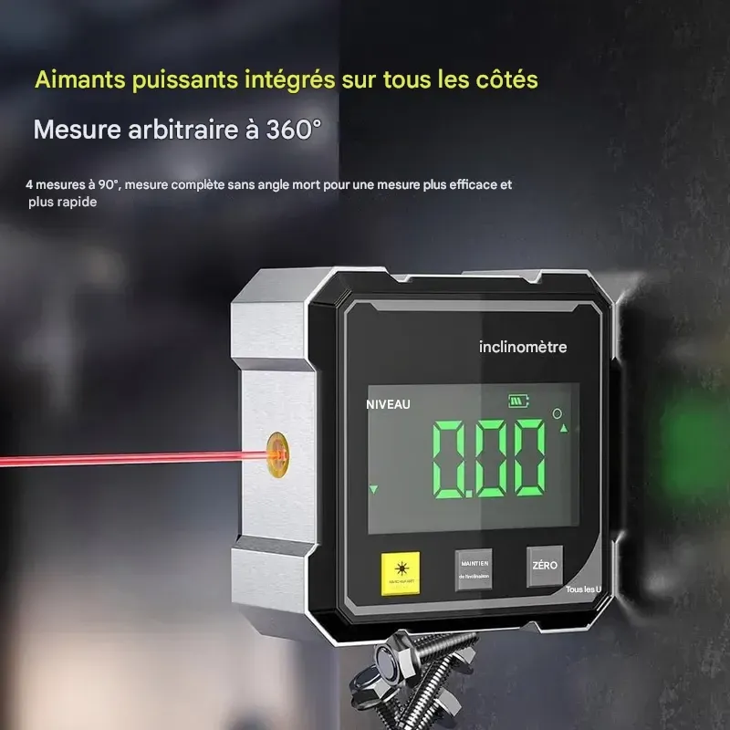 Inclinomètre magnétique numérique avec laser électronique, inclinomètre rechargeable, boîte à niveau magnétique robuste à 4 faces avec rétroéclairage LCD, rapporteur et inclinomètre pour le travail du bois, la construction et les machines. Marque : Agiufgs