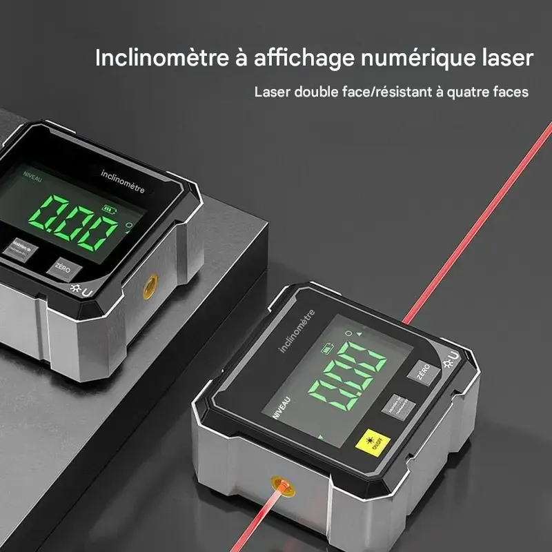Inclinomètre magnétique numérique avec laser électronique, inclinomètre rechargeable, boîte à niveau magnétique robuste à 4 faces avec rétroéclairage LCD, rapporteur et inclinomètre pour le travail du bois, la construction et les machines. Marque : Agiufgs