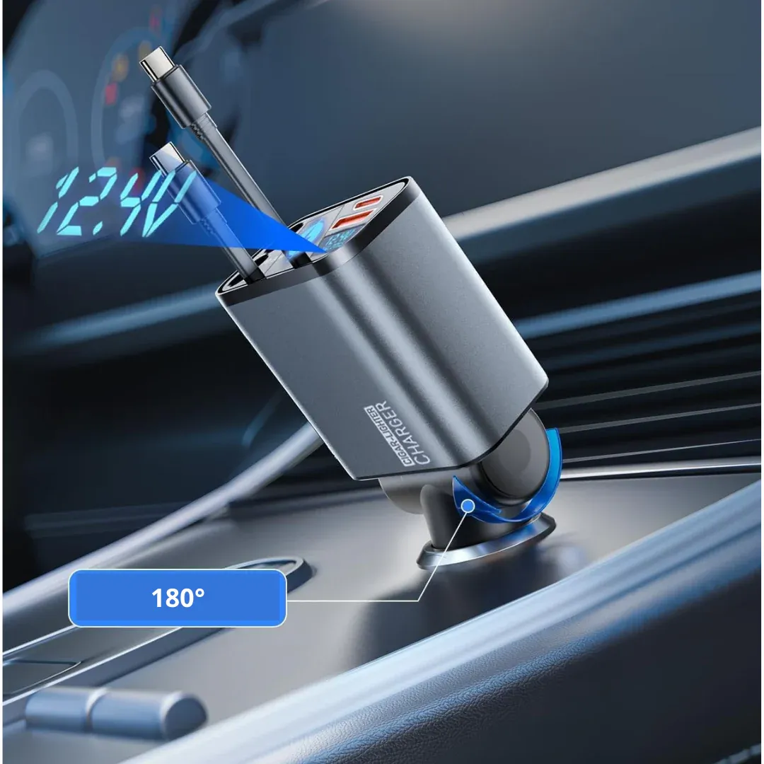 Chargeur Voiture Rétractable Ultra-Rapide 66W 4-en-1 avec Câbles Intégrés