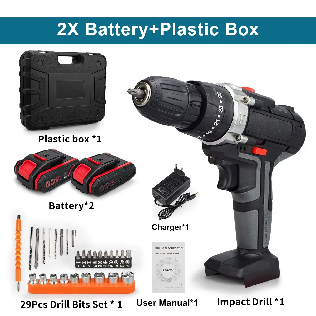 Perceuse à percussion électrique avec 2 batteries