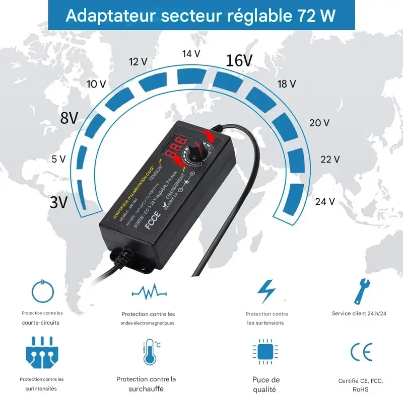 Alimentation universelle SnapFixMate, convertisseur de prise, réglable de 3,5 à 24 V à 2 A, adaptateur secteur CC, prise américaine, avec écran LCD et affichage numérique, câblage pour inversion de polarité inclus et 14 connecteurs.