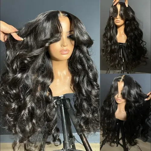 Perruques de cheveux humains ondulés lâches de densité complète de 250 % 13x4 perruques frontales en dentelle ondulée océanique avec frange rideau-Geeta Hair